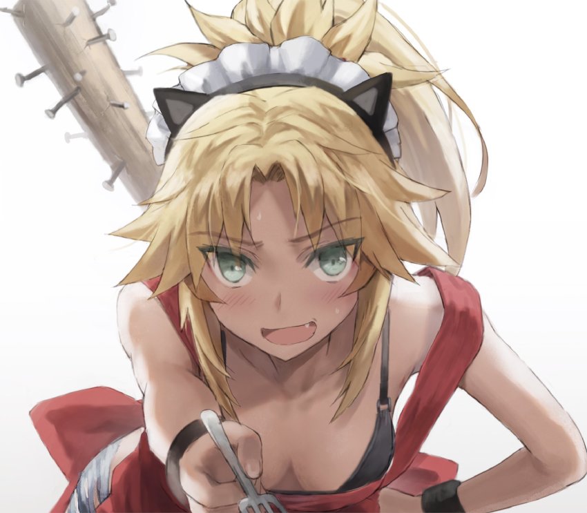 1girl baseball_bat blonde_hair blush braid breasts fate/apocrypha fate_(series) fork green_eyes hair_ornament hair_scrunchie highres leaning_forward long_hair looking_at_viewer maid_headdress mordred_(fate) mordred_(fate/apocrypha) nail nail_(hardware) nail_bat open_mouth parted_bangs ponytail scrunchie sidelocks small_breasts smile solo spiked_bat tonee