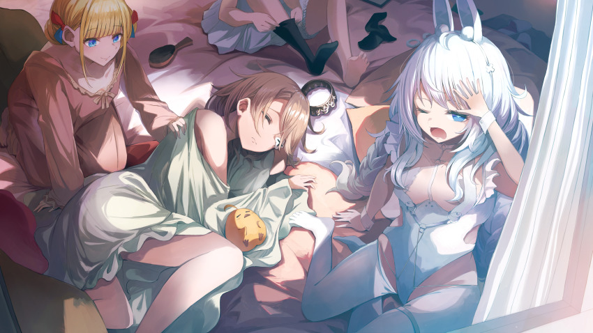 +_+ 4girls ahoge alternate_costume animal_ears arm_support azur_lane black_socks blanket blonde_hair blue_eyes braid breasts closed_mouth collarbone crown unworn_crown curtains double_bun fake_animal_ears hair_brush hair_bun hair_ornament hair_scrunchie highres kneeling l&#039;indomptable_(azur_lane) l&#039;indomptable_(little_red_riding_hood&#039;s_worries)_(azur_lane) le_malin_(azur_lane) le_malin_(listless_lapin)_(azur_lane) le_terrible_(azur_lane) le_terrible_(silence_slumber_and_solace)_(azur_lane) le_triomphant_(azur_lane) leotard long_hair looking_at_another low_twin_braids lying manjuu_(azur_lane) miyabino_(miyabi1616) morning multiple_girls nightgown nontraditional_playboy_bunny official_alternate_costume on_side one_eye_closed open_mouth pajamas pink_pajamas playboy_bunny putting_on_legwear rabbit_ears scrunchie unworn_scrunchie short_hair sitting sleeping sleepover small_breasts smile socks swept_bangs thigh_strap toes twin_braids very_long_hair waking_up white_hair white_leotard white_pajamas wrist_cuffs yawning yokozuwari