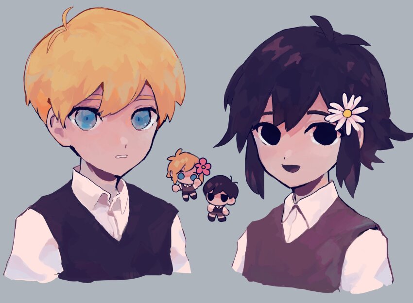 2boys basil_(faraway)_(omori) basil_(omori) black_eyes black_hair black_sweater_vest blonde_hair blue_eyes collared_shirt color_switch eye_color_switch flower hair_color_switch hair_flower hair_ornament highres hinshi_hp0 looking_at_viewer male_focus multiple_boys omori open_mouth parted_lips shirt short_hair short_sleeves smile sunny_(omori) sweater_vest white_shirt