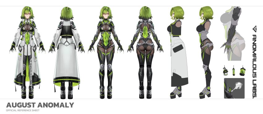 1girl absurdres ambiguous_green_liquid araigumasully ass august_anomaly black_hair black_leotard breasts character_name closed_mouth clothes_writing coat colored_tips covered_navel green_hair highres indie_virtual_youtuber lab_coat leotard multicolored_hair multiple_views open_clothes open_coat radiation_symbol red_eyes reference_sheet second-party_source see-through_cleavage see-through_clothes short_hair virtual_youtuber white_coat