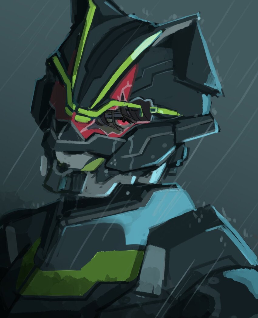 1boy 8anotaro3 animal_ears armor black_armor black_bodysuit bodysuit broken_helmet highres kamen_rider kamen_rider_geats_(series) kamen_rider_tycoon kamen_rider_tycoon_bujinsword looking_at_viewer male_focus night power_armor raccoon_ears rain red_eyes sakurai_keiwa upper_body water_drop