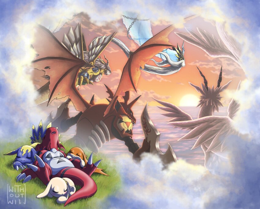 digimon digimon_(creature) digital_hazard dragon elecmon_(violet) four_great_dragons goddramon guilmon holydramon megidramon patamon plotmon qinglongmon sleeping tail wings