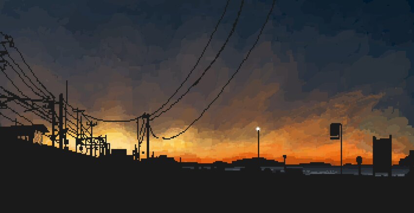 building church gradient_sky highres hisachan55cute lamppost mountainous_horizon no_humans original outdoors pixel_art power_lines road_sign scenery sign silhouette sky sunset town utility_pole