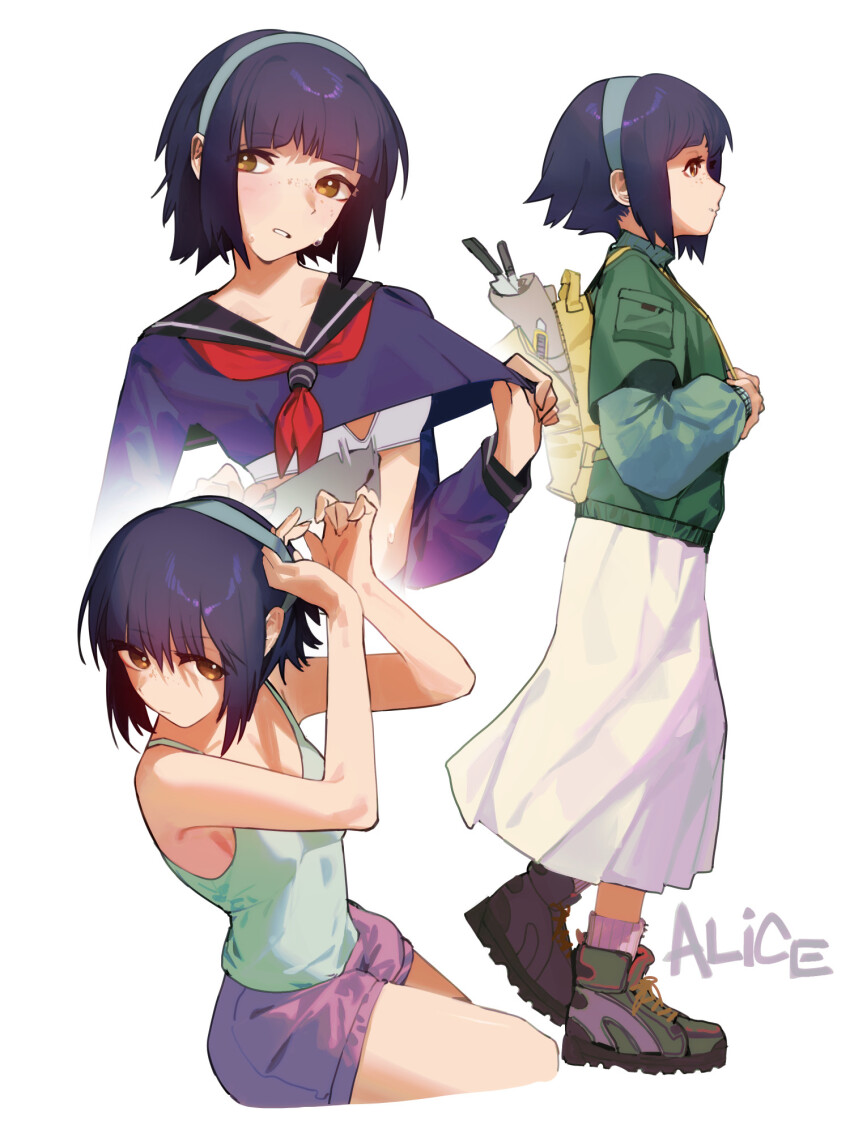 1girl alice_(raneblu) backpack bag black_hair bra brown_eyes camisole character_name closed_mouth fanning_self freckles green_jacket green_shirt hairband high_tops highres jacket looking_at_viewer multiple_views neckerchief original pink_shorts purple_shirt raneblu red_neckerchief sailor_collar shirt shoes short_hair shorts sidelocks simple_background skirt sneakers socks sweat underwear white_background white_bra white_skirt white_socks