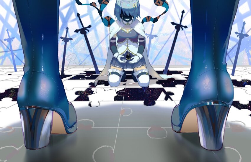 2girls between_legs blue_footwear blue_hair blue_skirt boots cape commentary detached_sleeves dual_persona english_commentary fortissimo from_behind full_body gloves hair_ornament high_heel_boots high_heels kneeling lower_body magical_girl mahou_shoujo_madoka_magica mahou_shoujo_madoka_magica_(anime) miki_sayaka miki_sayaka_(magical_girl) multiple_girls musical_note musical_note_hair_ornament oktavia_von_seckendorff on_floor out_of_frame pinlin planted planted_sword planted_weapon pleated_skirt puzzle puzzle_piece short_hair sitting skirt soul_gem standing surreal sword tears thighhighs view_between_legs weapon white_cape white_gloves white_thighhighs