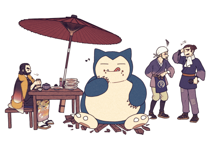 +++ 3boys anvin_(pokemon) bad_id bad_pixiv_id bandana batabiru beni_(pokemon) commentary_request cup eating facial_hair food food_on_face gen_1_pokemon hammer highres holding holding_cup holding_hammer jacket jacket_on_shoulders japanese_clothes kamado_(pokemon) kimono male_focus multiple_boys musical_note mustache nintendo oil-paper_umbrella old old_man pants plate pokemon pokemon_(creature) pokemon_legends:_arceus sitting snorlax squiggle standing stool table umbrella white_background white_bandana