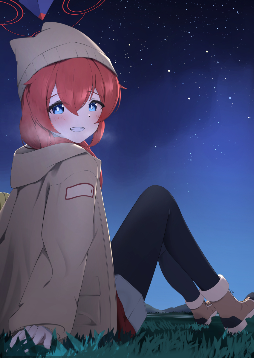 1girl :d absurdres animal_ear_headwear arm_at_side beanie black_pantyhose blue_archive blue_eyes blush boots breath bright_pupils brown_boots brown_coat coat commentary_request fake_animal_ears from_side full_body ganba_artworks grin hair_between_eyes halo happy hat highres hood hood_down knees_up long_hair long_sleeves looking_at_viewer maki_(blue_archive) maki_(camp)_(blue_archive) night night_sky open_clothes open_coat open_mouth outdoors pantyhose red_hair red_halo sitting sky smile solo white_pupils