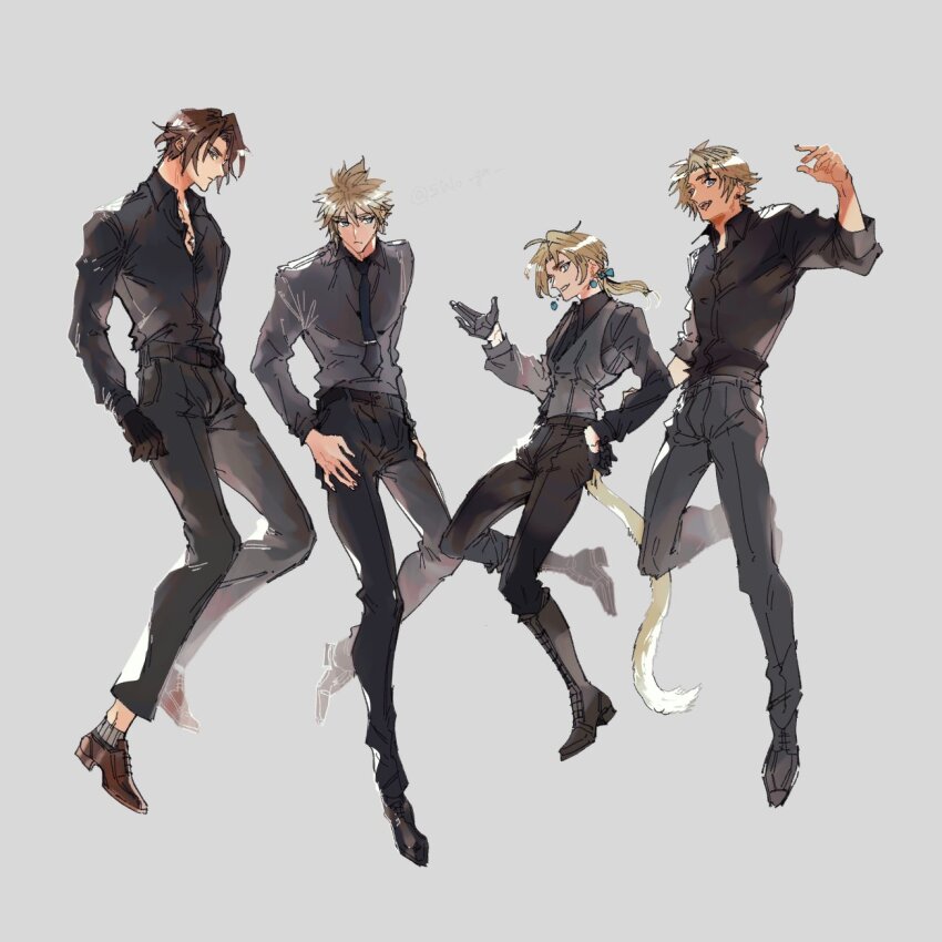 4boys belt black_belt black_footwear black_gloves black_necktie black_pants black_shirt blonde_hair blue_eyes brown_footwear brown_hair closed_mouth cloud_strife collared_shirt crossover final_fantasy final_fantasy_ix final_fantasy_vii final_fantasy_viii final_fantasy_x floating full_body gloves grey_socks hair_between_eyes hair_ribbon half_gloves hand_on_own_hip highres long_sleeves low_ponytail male_focus monkey_tail multiple_boys necktie open_mouth pants parted_bangs ponytail ribbon shio_ga shirt short_hair short_hair_with_long_locks sleeves_rolled_up smile socks spiked_hair squall_leonhart tail tidus tie_clip zidane_tribal