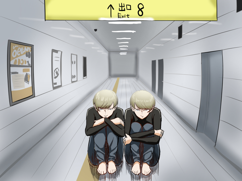2boys black_shirt blonde_hair blue_eyes ceiling_light dali_(migi_to_dali) door hallway highres indoors long_sleeves looking_at_viewer m2bou migi_(migi_to_dali) migi_to_dali multiple_boys on_floor pants poster_(object) shirt short_hair siblings sitting smile tactile_paving the_exit_8 tile_floor tile_wall tiles turtleneck twins