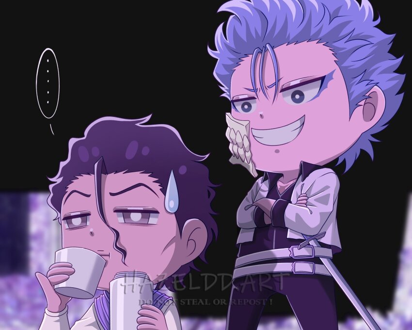 ... 2boys :d :t artist_name askin_nakk_le_vaar belt black_hair black_shirt bleach bleach:_sennen_kessen-hen blue_eyes blue_hair blurry blurry_background bright_pupils brown_eyes chibi chibi_only closed_mouth collared_shirt commentary cowboy_shot crossed_arms cup evil_grin evil_smile frown grimmjow_jaegerjaquez grin hair_between_eyes hand_up hazeldd_art highres holding holding_cup jacket jitome long_sleeves looking_at_another male_focus multiple_boys night open_clothes open_jacket open_mouth outdoors pinky_out shirt short_hair smile speech_bubble spiked_hair spoken_ellipsis standing sweatdrop symbol-only_commentary v-shaped_eyebrows white_belt white_jacket white_pupils wide-eyed