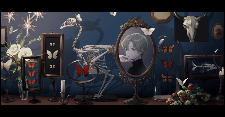 1boy animal_skeleton animal_skull black_nails blue_eyes bug butterfly fingernails flower grey_hair highres insect letterboxed looking_at_mirror male_focus mirror miyato_o nail_polish orange_butterfly original parted_bangs picture_frame red_butterfly red_flower red_rose rose short_hair turtleneck white_butterfly white_flower white_rose
