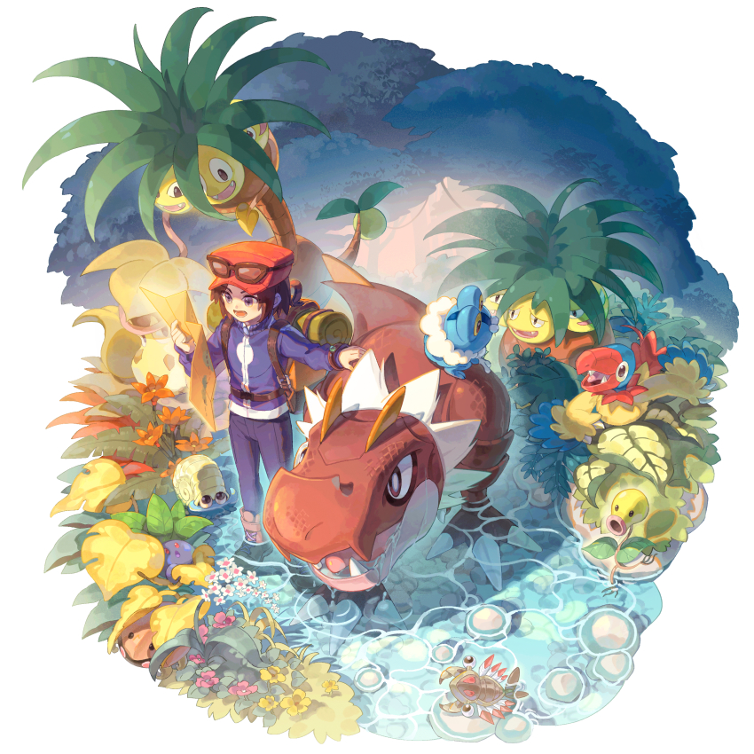 1boy absurdres alolan_exeggutor alolan_form anorith archen backpack bag bellsprout blue_jacket boots bracelet calem_(pokemon) chinese_commentary commentary_request exeggutor eyewear_on_headwear froakie game_freak gen_1_pokemon gen_3_pokemon gen_5_pokemon gen_6_pokemon gen_7_pokemon hat highres holding holding_map jacket jewelry kabuto_(pokemon) liangkou male_focus map nintendo oddish omanyte pants pokemon pokemon_(creature) pokemon_xy rock standing sunglasses tyrunt victreebel wading water