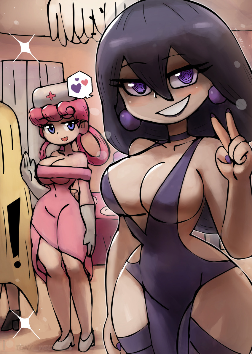 ! 3girls @_@ absurdres black_hair black_lips black_shoes blonde_hair blue_eyes blush breasts chandelier choker cleavage collarbone creatures_(company) cross cross_print curtains dress earrings game_freak gloves grin hair_rings hat heart hex_maniac_(pokemon) hex_maniac_(pokemon_legends:_z-a) high_heels highres hip_vent jewelry joy_(pokemon) large_breasts lipstick long_hair looking_at_viewer lusamine_(pokemon) makeup multiple_girls nintendo nurse nurse_cap off-shoulder_dress off_shoulder open_mouth party pink_dress pink_hair plate pokemon pokemon_(anime) pokemon_(classic_anime) pokemon_legends:_z-a print_hat purple_dress purple_eyes purple_nails shoes sleeveless sleeveless_dress smile sparkle speech_bubble spoken_heart standing table tablecloth teeth thick_thighs thighs tony_welt v very_long_hair waving white_gloves white_shoes wide_hips