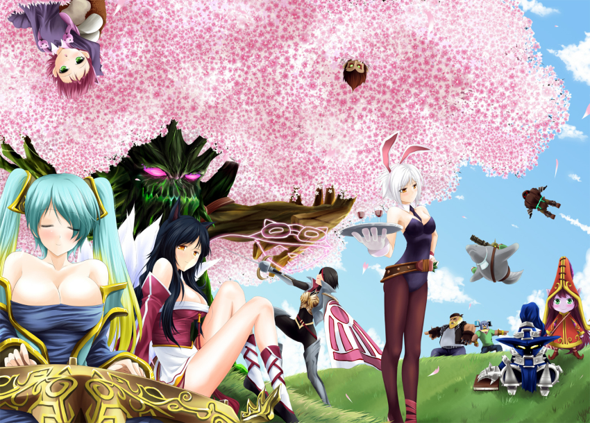 4boys 6+girls ahri_(league_of_legends) animal_ears annie_(league_of_legends) bare_shoulders battle_bunny_riven boots breasts cleavage colored_skin corki everyone fake_animal_ears fiora_(league_of_legends) gragas league_of_legends leotard long_hair lulu_(league_of_legends) makishima_rin maokai medium_breasts multiple_boys multiple_girls nautilus_(league_of_legends) olaf olaf_(league_of_legends) pantyhose playboy_bunny purple_hair purple_skin rabbit_ears riven_(league_of_legends) small_breasts sona_(league_of_legends) teemo thigh_boots thighhighs tree urf veigar wukong_(league_of_legends)