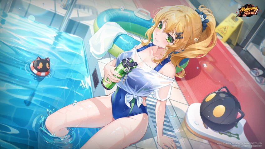 1girl artist_request blonde_hair bodyboard bottle breasts dutch_angle green_eyes hair_ornament hairclip high_ponytail highres logo mahjong mahjong_soul mahjong_tile medium_breasts official_art official_wallpaper partially_submerged ponytail pool sandals scrunchie shiraishi_nana sitting solo swimsuit towel water_bottle wet_floor_sign