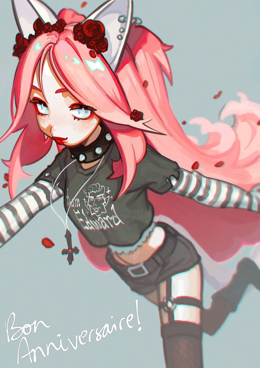 1girl absurdres animal_ears belt blue_eyes blush boots cat_ears cat_girl cat_tail collar crop_top cross cross_necklace ear_piercing fishnet_thighhighs fishnets flower freckles garter_straps hair_flower hair_ornament highres irarugii jewelry layered_sleeves long_hair long_sleeves midriff necklace o-ring original parted_bangs piercing pink_hair print_shirt red_lips rose shirt short_over_long_sleeves short_sleeves shorts smile solo spiked_collar spikes standing standing_on_one_leg striped_clothes striped_shirt t-shirt tail thighhighs torn_clothes torn_shirt twilight_(series) very_long_hair walking