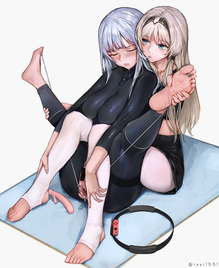 2girls absurdres ak-12_(girls&#039;_frontline) an-94_(girls&#039;_frontline) anus anus_piercing bad_id bad_pixiv_id bar_censor breasts censored controller dildo feet foot_focus game_controller gaping girls&#039;_frontline highres holding_another&#039;s_foot hug hug_from_behind iuui joy-con legs_up long_hair medium_breasts multiple_girls pussy rabbit_vibrator ring-con ring_fit_adventure sex_toy short_hair silver_hair soles spread_anus spread_legs stirrup_legwear toeless_legwear toes vibrator yuri