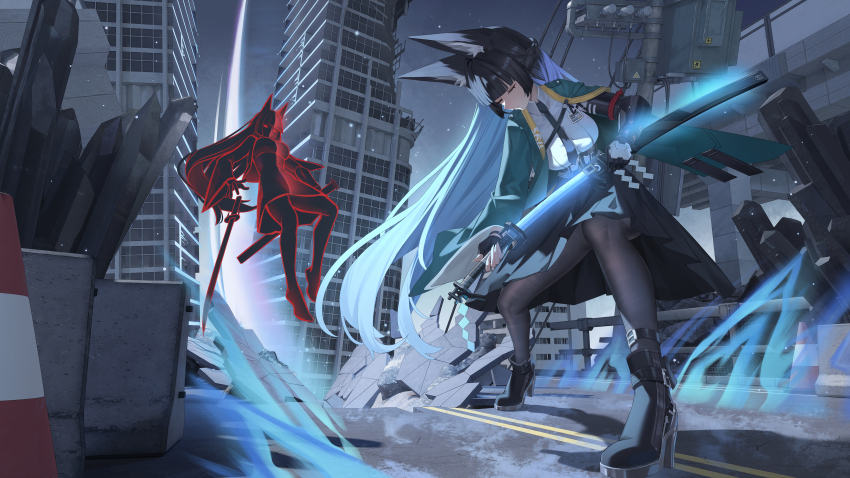2girls absurdres angel_no_shousou animal_ear_fluff animal_ears aqua_jacket arm_armor black_footwear black_gloves black_hair black_necktie black_pantyhose black_skirt blue_hair blunt_bangs blunt_sidelocks breasts building closed_eyes closed_mouth collared_shirt dark_persona fingerless_gloves fox_ears gloves high_heels highres hime_cut holding holding_sword holding_weapon hoshimi_miyabi jacket katana large_breasts long_hair long_sleeves multicolored_hair multiple_girls necktie night night_sky outdoors pantyhose road sheathing shin_strap shirt skirt sky star_(sky) starry_sky street sword two-tone_hair very_long_hair weapon white_shirt zenless_zone_zero