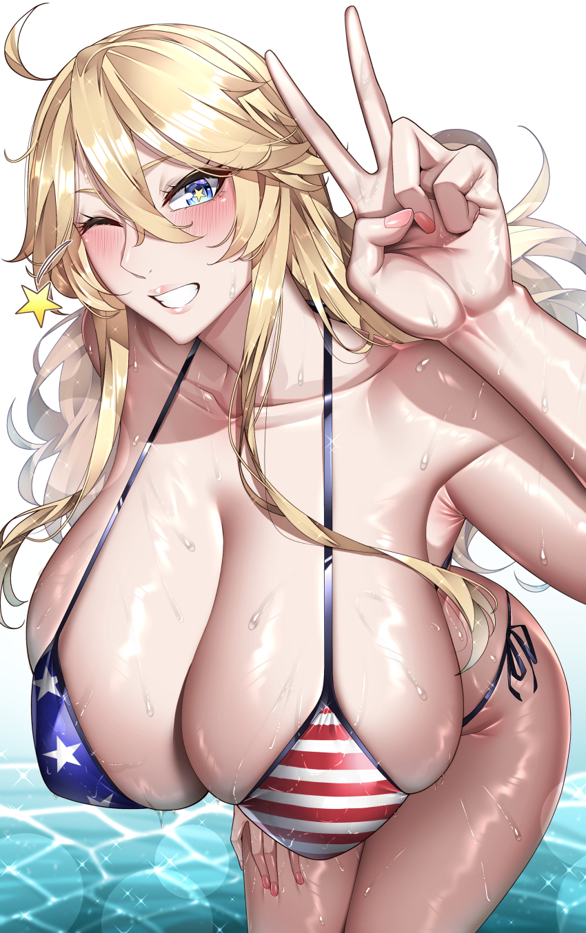 absurdres american_flag american_flag_bikini american_flag_print bikini blonde_hair breasts flag_print highres huge_breasts iowa_(kancolle) kome_cola one_eye_closed print_bikini star swimsuit wet wink