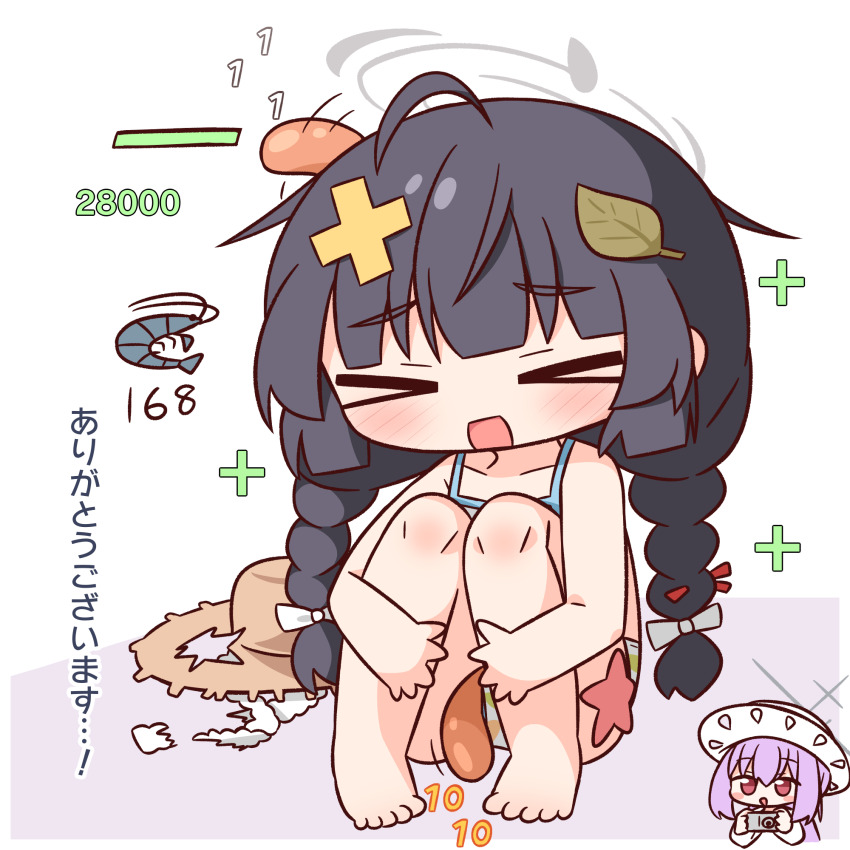 &gt;_&lt; 2girls ahoge barefoot bikini black_hair blue_archive blunt_bangs blush braid brown_hat character_request closed_eyes commentary_request full_body grey_halo halo hana_kazari hat health_bar highres hugging_own_legs leaf leaf_on_head long_hair miyu_(blue_archive) miyu_(swimsuit)_(blue_archive) multiple_girls open_mouth scar scar_on_leg scar_on_shoulder shrimp sitting solo_focus swimsuit translation_request twin_braids unworn_hat unworn_headwear white_bikini