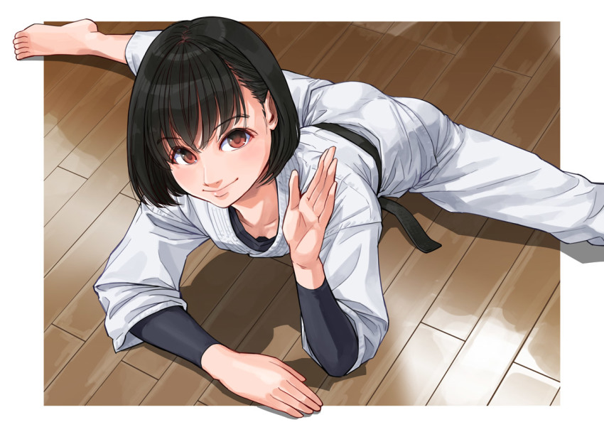 1girl ass barefoot black_hair brown_eyes dougi female_focus flexible karate karate_gi looking_at_viewer nose on_floor original otsu_natsu short_hair solo split stretching
