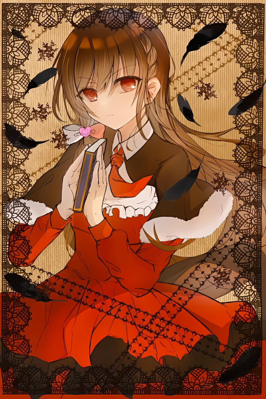 1girl angry book brown_hair dress highres long_hair looking_at_viewer magnolia_iana red_dress red_eyes school_uniform tensei_akujo_no_kuro_rekishi