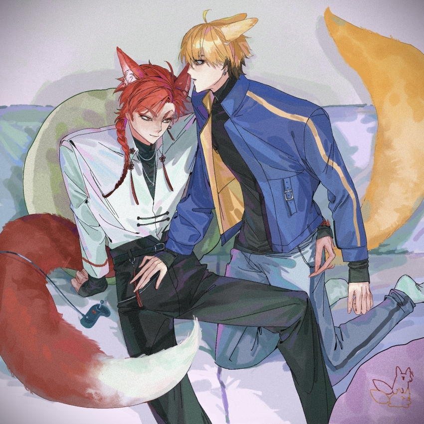 2boys ahoge animal_ears arm_around_waist bed belt bishounen black_belt black_hair black_pants black_shirt blonde_hair blue_jacket braid chinese_commentary chumo-qulingxiao closed_mouth collared_shirt controller earrings fox_boy fox_ears fox_tail game_controller grey_pants hair_over_shoulder hand_on_another&#039;s_hip hand_on_another&#039;s_stomach highres jacket jewelry kemonomimi_mode kneeling long_hair long_sleeves looking_at_another looking_at_viewer male_focus multicolored_hair multiple_boys necklace on_bed open_clothes open_jacket pants pillow red_eyes red_hair shiguang_dailiren shirt short_hair single_braid sitting sleeves_past_wrists socks tail tassel tassel_earrings turtleneck white_shirt white_socks xia_fei xiao_weiying yaoi yellow_eyes