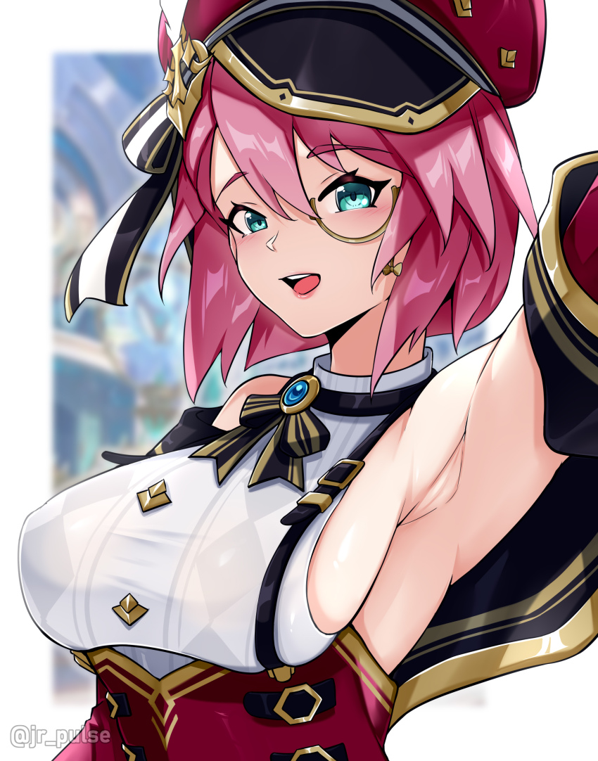 1girl absurdres aqua_eyes arm_up armpits bare_shoulders black_ribbon blue_gemstone blush breasts charlotte_(genshin_impact) commentary_request detached_sleeves gem genshin_impact hat highres jrpulse large_breasts long_sleeves looking_at_viewer medium_hair monocle newsboy_cap open_mouth pink_hair red_hat ribbon shirt sideboob sleeveless sleeveless_shirt smile solo upper_body white_shirt