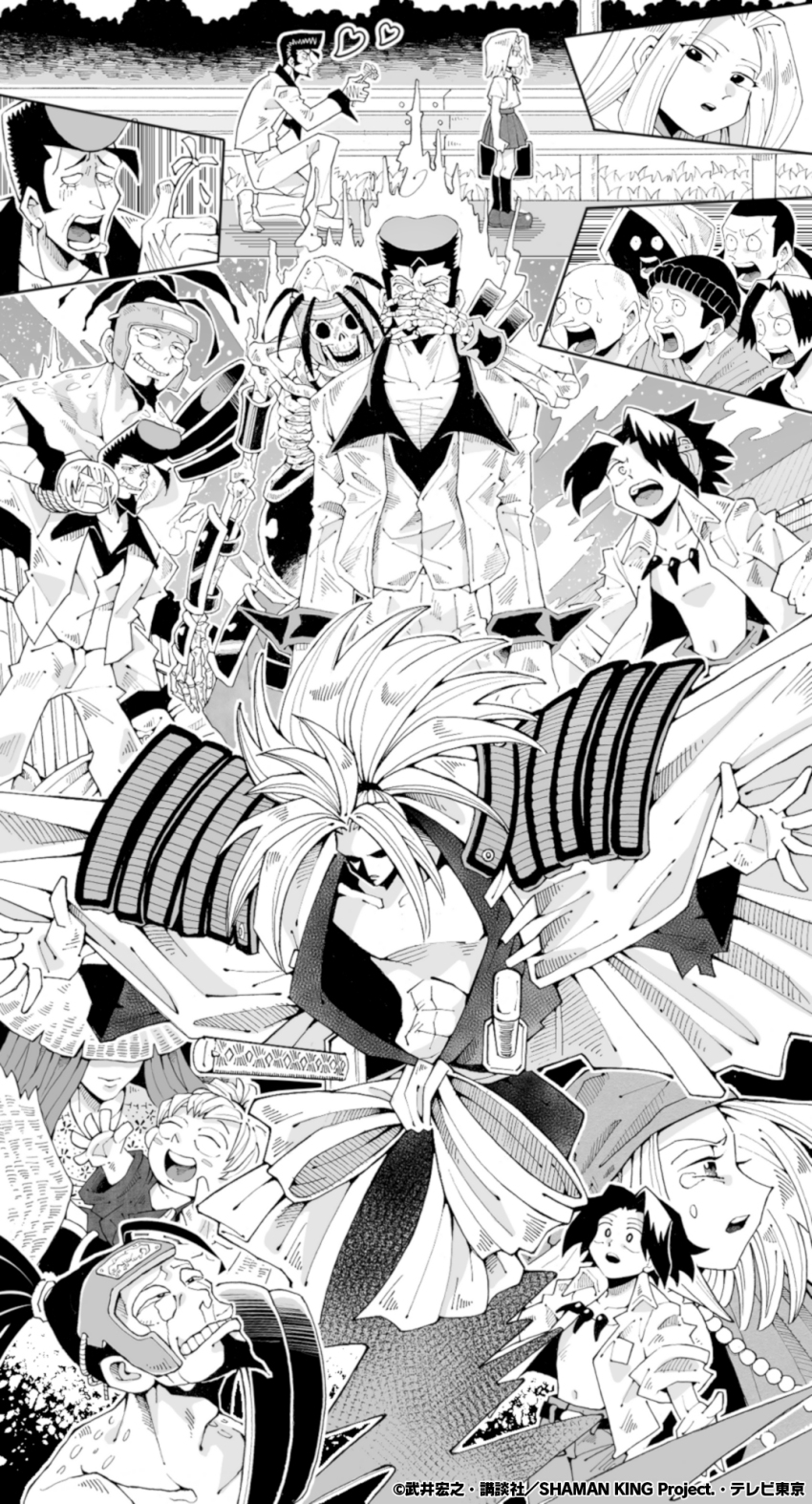 2girls 6+boys amidamaru asakura_yoh aura bald bare_shoulders battle bead_necklace beads character_request dress evil_grin evil_smile facial_hair fat fat_man fighting flower ghost grin hand_fan headwear_request heart high_ponytail highres holding holding_fan holding_sword holding_weapon jewelry katana kyouyama_anna long_hair looking_back looking_to_the_side monochrome mother_and_son multiple_boys multiple_girls muscular necklace official_art open_clothes open_shirt ponytail possessed possession protecting rejection road samurai scar school_uniform sequential serious shaman_king smile standing stomach_tattoo sword tattoo tears tokagerou translation_request very_long_hair violence weapon aged_down
