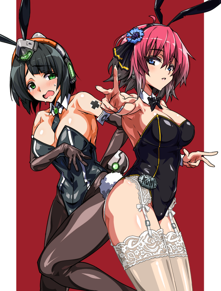 2girls black_hair blue_eyes blush bow breasts cosmic_break crying detached_collar garter_belt green_eyes highres kuhl large_breasts leotard multicolored_hair multiple_girls nora_schneid playboy_bunny red_hair shitagani short_hair tears
