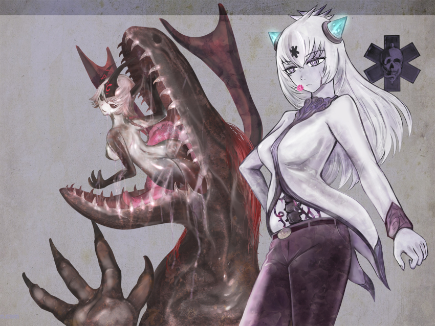 2girls ass back belt belt_buckle bone braid breasts buckle closed_mouth coat commentary_request denim dragon expressionless fingernails flower glowing_horns half-closed_eyes hand_on_own_hip horns in_mouth jeans la_croix long_hair long_sleeves looking_at_viewer looking_back medium_breasts mon-musu_quest! monster_girl multiple_girls multiple_tongues open_mouth pale_skin pants pasties purple_eyes red_hair rod_of_asclepius saliva scar sharp_fingernails sharp_teeth short_hair simple_background skull spine standing teeth tongue un_do white_hair zombie zombie_dragon_girl_(mon-musu_quest!)
