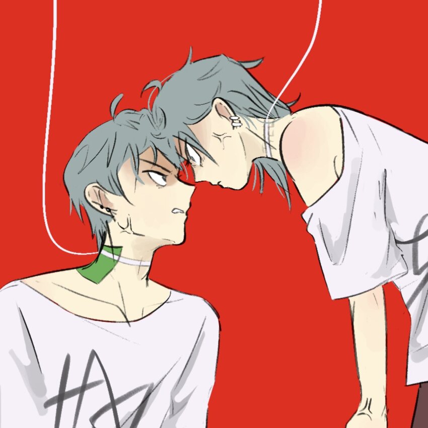 1boy 1girl alien_stage anger_vein cable choker commentary dual_persona earrings forehead-to-forehead grey_hair heads_together highres jewelry motii off-shoulder_shirt off_shoulder print_shirt red_background shirt short_hair short_sleeves simple_background till_(alien_stage) white_shirt