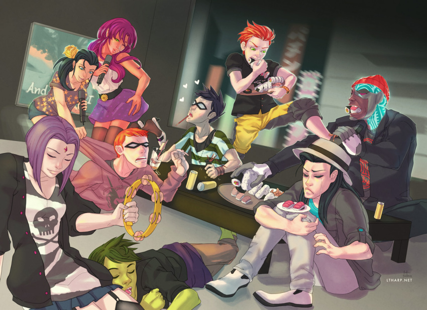 3girls 5boys alternate_costume aqua_lad bald beast_boy_(dc) black_eyes black_hair black_shirt blouse blue_shirt can closed_eyes colored_skin cyborg cyborg_(dc) dark_skin dc_comics dick_grayson domino_mask donna_troy eating fedora food forehead_jewel garfield_logan garth green_eyes green_hair green_skin grey_skin hand_on_own_hip hat high_heels hood hoodie instrument kid_flash lap_pillow mask microphone multiple_boys multiple_girls one_eye_closed onigiri orange_hair orange_skin pleated_skirt pocky polka_dot polka_dot_skirt purple_hair raven_(dc) red_hair rice robin_(dc) roy_harper shirt shoes shorts skirt skull_and_crossbones smile solid_eyes speedy star_(symbol) star_print starfire striped_clothes striped_shirt sushi table tambourine teen_titans thighhighs victor_stone wally_west white_footwear wink wonder_girl wonder_girl_(dc)
