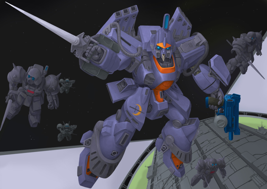 beam_rifle berga_giros cable commentary_request crossbone_vanguard den&#039;an_gei den&#039;an_zon energy_gun exposed_internal_machinery gundam gundam_f91 gunlance highres machinery mecha mecha_focus mobile_suit no_humans o&#039;neill_cylinder robot science_fiction shield shoulder_spikes space_habitat spikes volkov-1953 weapon