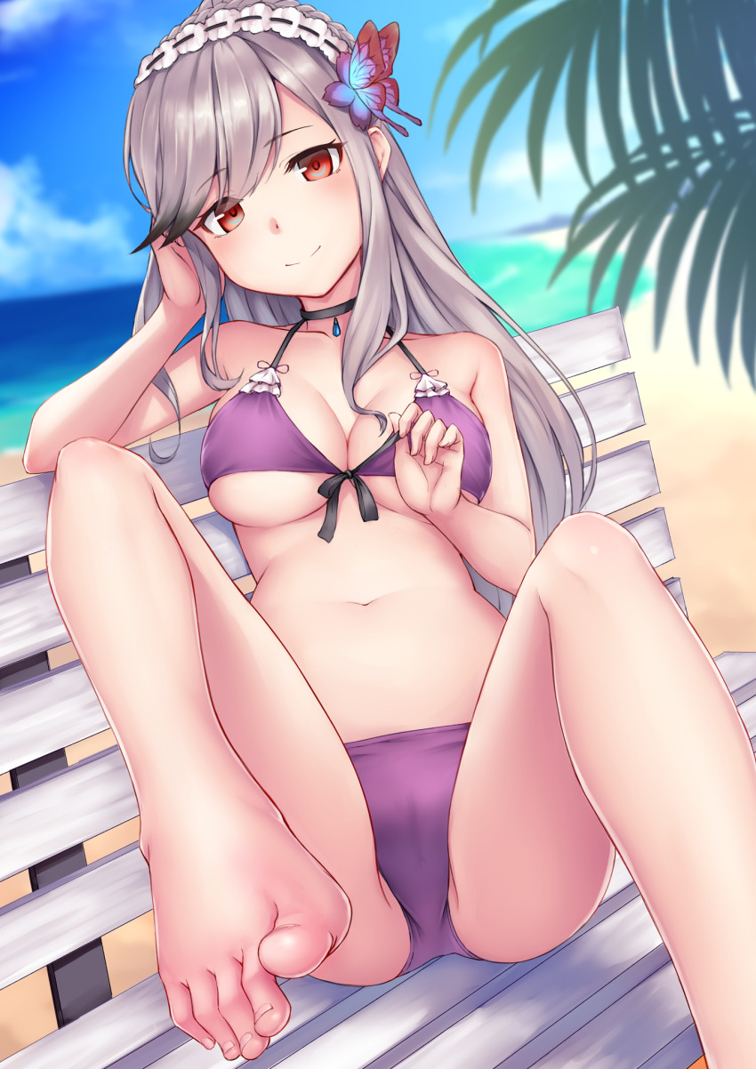 1girl arm_behind_back azur_lane barefoot beach bench bikini blue_sky blush breasts butterfly_hair_ornament cameltoe cloud collarbone day dunkerque_(azur_lane) dunkerque_(summer_sucre)_(azur_lane) feet foot_focus foreshortening front-tie_bikini_top front-tie_top grey_hair hair_ornament halterneck head_rest head_tilt highres light_smile long_hair looking_at_viewer medium_breasts navel nipples nya-c ocean official_alternate_costume on_bench outdoors palm_tree purple_bikini red_eyes sitting sky solo swimsuit toes tree untying