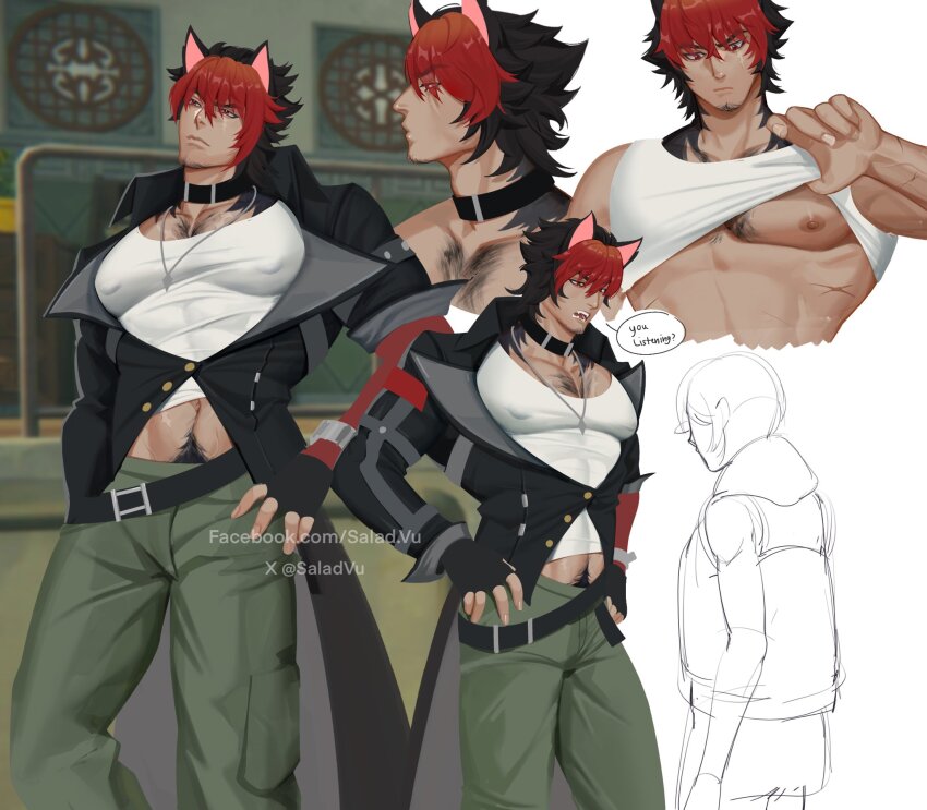 animal_ears bara black_choker black_jacket body_hair cargo_pants choker dog_boy fingerless_gloves gloves highres jacket jewelry komano_manato large_pectorals male_focus male_pubic_hair multicolored_hair multiple_scars muscular muscular_male necklace nipples pants pectorals pubic_hair red_eyes scar scar_across_eye scar_on_face shirt short_hair sleeveless sleeveless_shirt solo tail white_shirt zenless_zone_zero