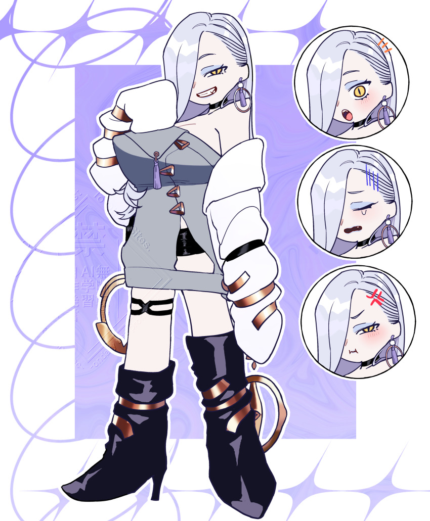 1girl absurdres bare_shoulders black_boots blue_lips boots breasts choker cleavage dress earrings eyeliner fate/grand_order fate_(series) full_body grey_dress hair_over_one_eye highres hiyayaako hoop_earrings jacket jewelry large_breasts long_hair long_sleeves looking_at_viewer makeup mrs._snake_(fate) multiple_views off_shoulder panty_&amp;_stocking_with_garterbelt parody smile style_parody sweater sweater_dress tassel thigh_boots white_hair white_jacket yellow_eyes