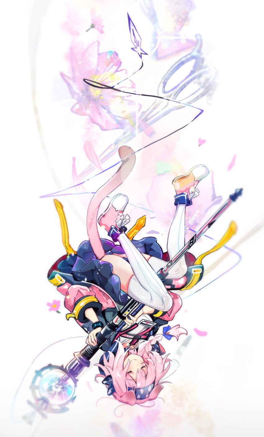 :&gt; absurdres animal_ears arknights ass asymmetrical_footwear black_headband blue_bow blue_skirt bow braid cat_ears cat_girl cat_tail closed_eyes commentary falling floral_background flower goldenglow_(arknights) hair_bow headband highres holding holding_staff id_card infection_monitor_(arknights) jacket lightning_bolt_print mismatched_footwear orange_shoes pink_flower pink_hair pink_jacket pink_shoes scissors shirt shoes short_hair side_braid simple_background skirt smile sneakers staff tail thighhighs upside-down wed_(lim38869577) white_background white_shirt white_thighhighs