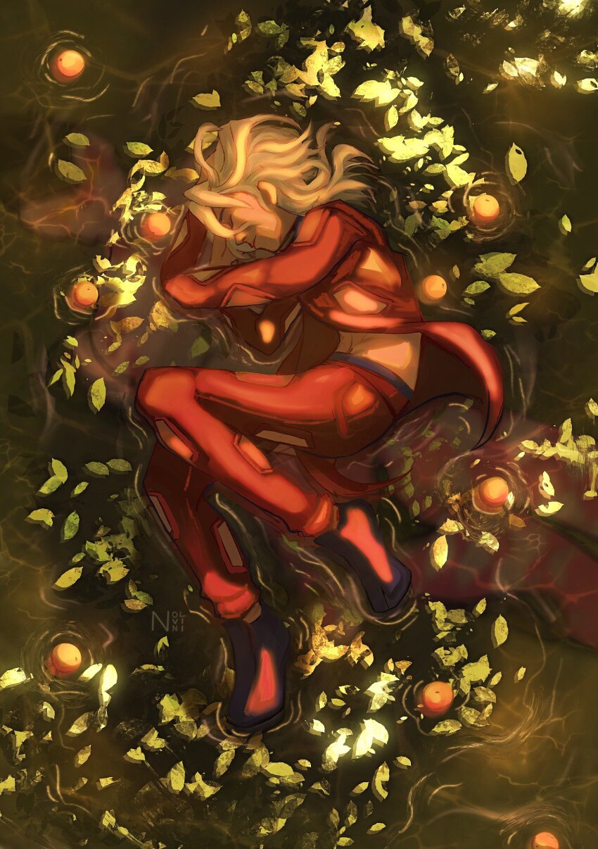 1boy absurdres blonde_hair closed_eyes fetal_position food from_above fruit full_body highres jacket jojo_no_kimyou_na_bouken leaf long_sleeves lying male_focus medium_hair navel nolvini on_side orange_(fruit) pannacotta_fugo pants red_jacket red_pants sleeping solo vento_aureo water