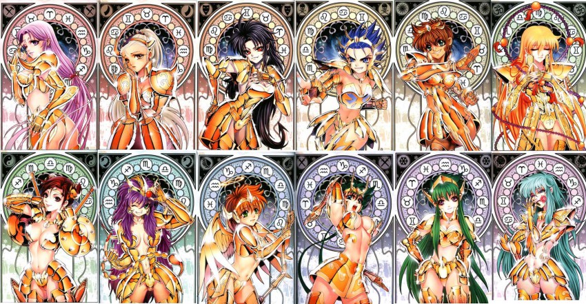 6+girls :p adapted_costume angel angel_wings aqua_hair aquarius_(symbol) aquarius_(zodiac) aquarius_camus aries_(symbol) aries_(zodiac) aries_muu armor ass beads bikini_armor black_hair blonde_hair blue_eyes blue_hair boots breasts brown_eyes cancer_(symbol) cancer_(zodiac) cancer_deathmask capricorn_(symbol) capricorn_(zodiac) capricorn_shura cleavage closed_eyes double_bun everyone fang fangs female_focus fighting_stance flower future_studio_(artist) gemini_(symbol) gemini_(zodiac) gemini_saga genderswap genderswap_(mtf) gold_armor green_eyes green_hair hair_bun halo hand_on_own_hip helm helmet highres hip_focus large_breasts leo_(symbol) leo_(zodiac) leo_aiolia libra_(symbol) libra_(zodiac) libra_douko light_purple_hair long_hair magic_circle medium_breasts midriff mu_fengchun multiple_girls navel one_eye_closed pink_hair pisces_(symbol) pisces_(zodiac) pisces_aphrodite pointing ponytail prayer_beads purple_hair red_eyes red_hair rosary rose sagittarius_(symbol) sagittarius_(zodiac) sagittarius_aioros saint_seiya scorpio_(symbol) scorpio_(zodiac) scorpio_milo scorpion shield short_hair sitting smile spiked_hair tail taurus_(symbol) taurus_(zodiac) taurus_aldebaran tears thigh_boots thighhighs tongue tongue_out very_long_hair virgo_(symbol) virgo_(zodiac) virgo_shaka weapon wings wink zodiac