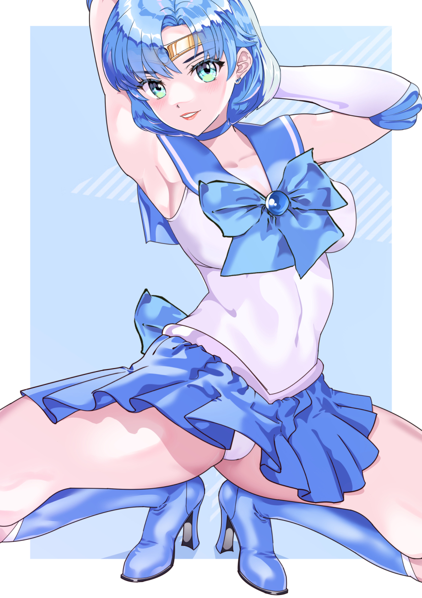1girl absurdres arion_canvas armpits back_bow bishoujo_senshi_sailor_moon blue_boots blue_choker blue_eyes blue_hair blue_sailor_collar blue_skirt boots bow breasts choker covered_navel diadem earrings elbow_gloves gloves high_heel_boots high_heels highres inner_senshi jewelry large_breasts leotard leotard_peek looking_at_viewer magical_girl miniskirt mizuno_ami sailor_collar sailor_mercury sailor_senshi sailor_senshi_uniform skirt smile solo spread_legs squatting upskirt white_gloves white_leotard