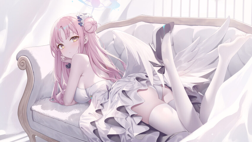 1girl absurdres angel_wings ass black_footwear blue_archive blush breasts commentary_request couch dress feathered_wings flower frilled_dress frills hair_bun hair_flower hair_ornament halo high_heels highres long_hair looking_at_viewer lying medium_breasts mika_(blue_archive) on_stomach panties parted_lips pink_hair pink_halo purple_flower revision roi_(liu_tian) single_side_bun sleeveless sleeveless_dress solo thighhighs underwear white_dress white_panties white_thighhighs white_wings wings yellow_eyes