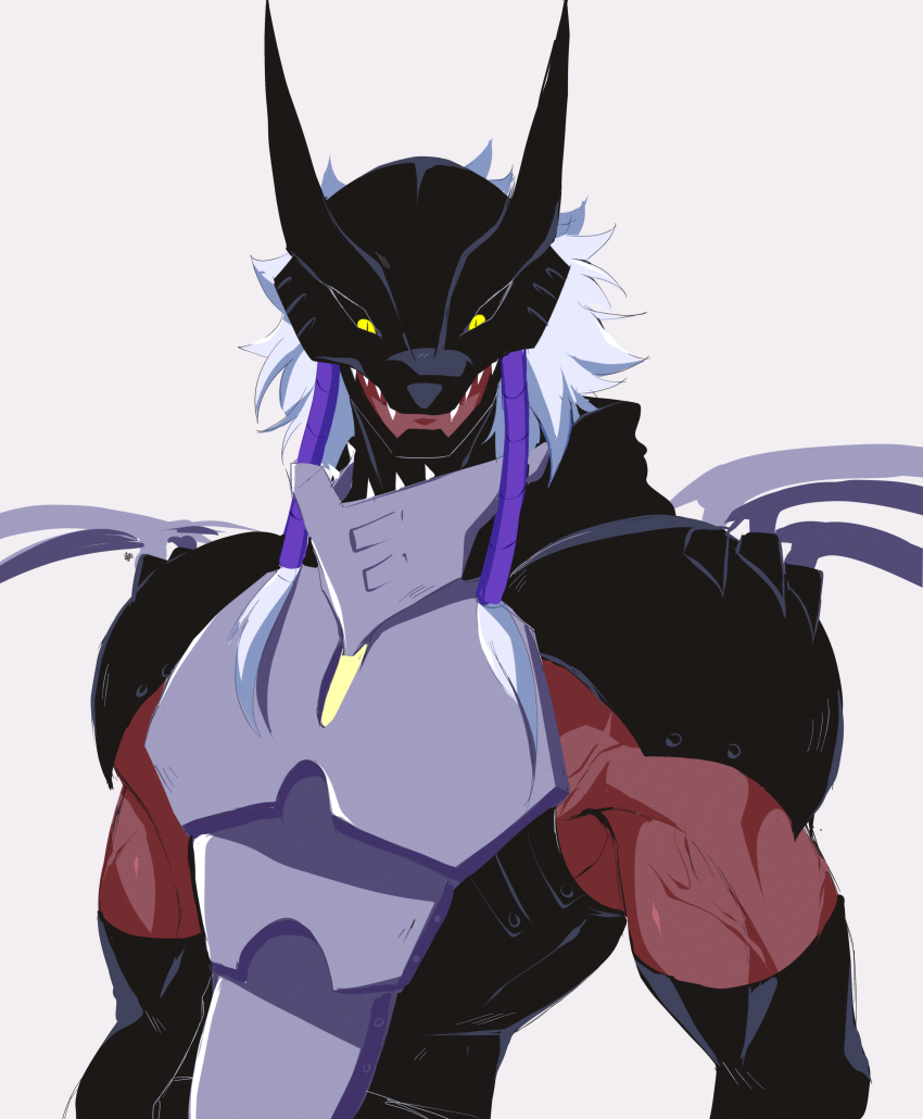 1boy cerberumon cerberumon_werewolf_mode digimon digimon_(creature) highres male_focus muscular muscular_male sharp_teeth solo teeth white_hair yellow_eyes