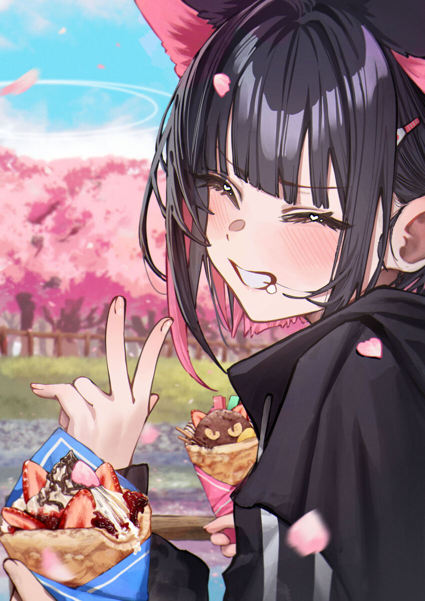 1girl 1other animal_ears betabeet black_hair black_hoodie blue_archive cat_ears cat_girl closed_eyes colored_inner_animal_ears colored_inner_hair crepe extra_ears food grin highres holding holding_crepe holding_food hood hoodie kazusa_(blue_archive) multicolored_hair sensei_(blue_archive) smile two-tone_hair v