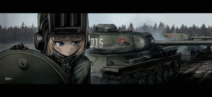 1girl absurdres black_gloves blonde_hair blue_eyes emblem forest girls_und_panzer gloves hatch highres is-2 katyusha_(girls_und_panzer) kk90 letterboxed military military_vehicle motor_vehicle nature open_hatch pravda_(emblem) pravda_military_uniform solo t-34 tank