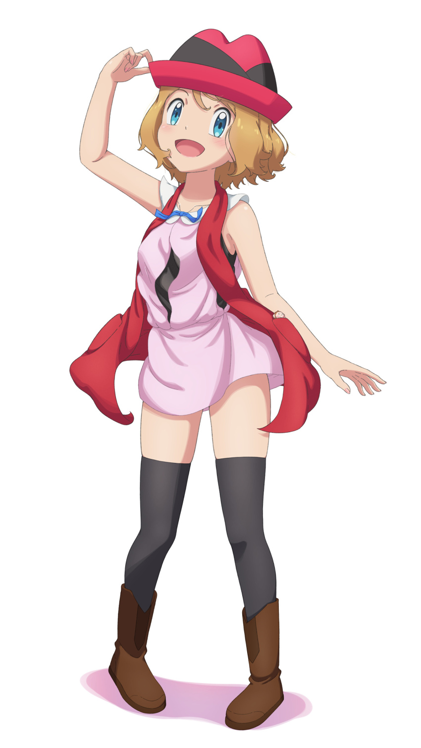 1girl :d absurdres black_hat black_thighhighs blonde_hair blue_eyes boots brown_boots dress full_body hat highres jacket looking_at_viewer nintendo open_mouth pink_dress pokemon pokemon_(anime) pokemon_xy_(anime) red_jacket scarletsky serena_(pokemon) short_dress short_hair simple_background sleeveless sleeveless_dress smile solo standing thighhighs white_background