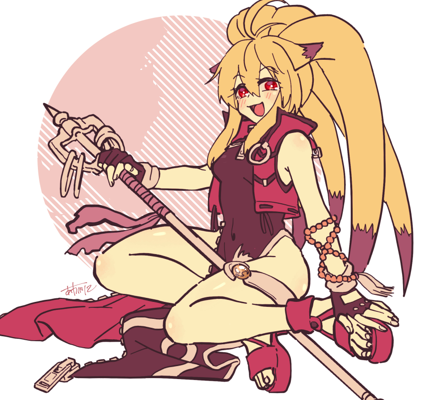 1girl :d ahoge animal_ears beads black_gloves blonde_hair blush breasts china_dress chinese_clothes dress feet fingerless_gloves gloves highres holding holding_weapon long_hair medium_breasts momotarekawa multicolored_hair namco_x_capcom o-ring open_mouth pelvic_curtain ponytail prayer_beads project_x_zone red_eyes red_sandals sandals shakujou signature simple_background smile solo staff super_robot_wars super_robot_wars_og_saga_mugen_no_frontier vest weapon xiaomu zipper