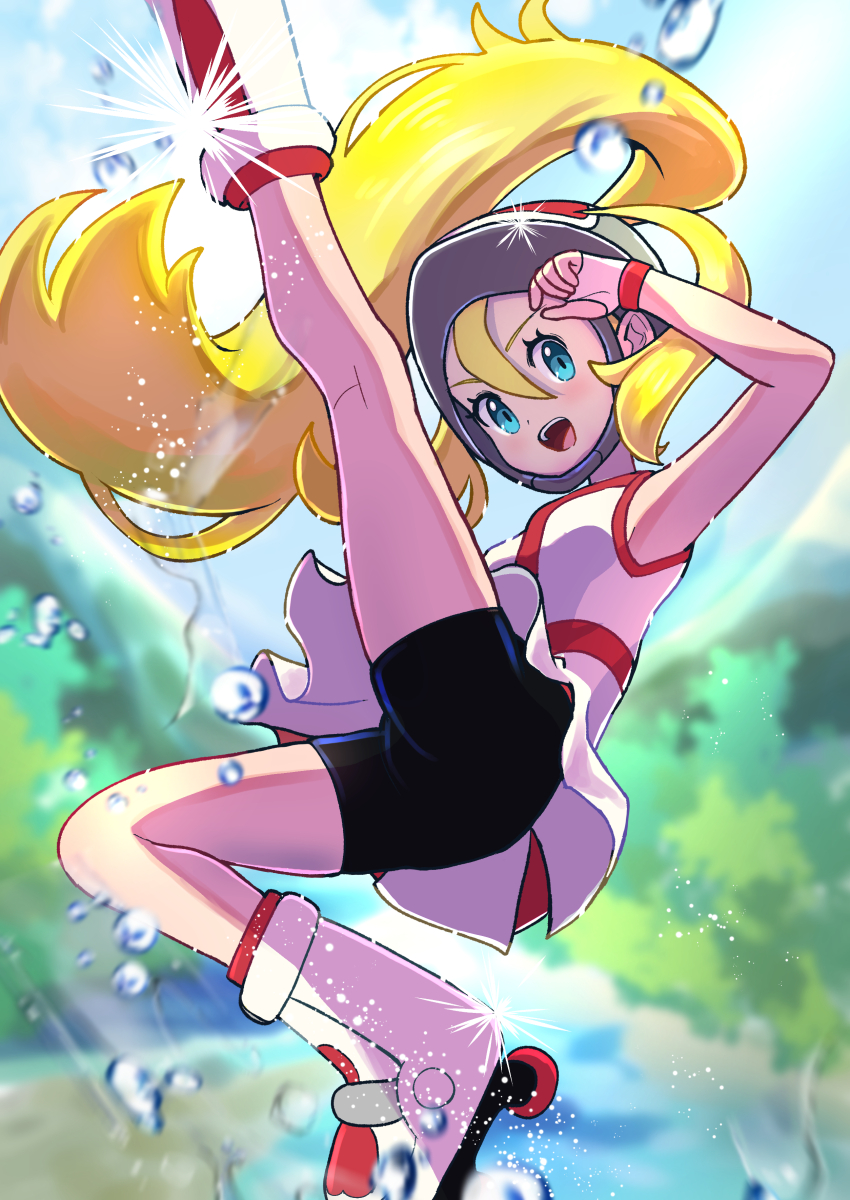 1girl :d absurdres armpits bike_shorts black_shorts blonde_hair blue_eyes dress eyelashes fingerless_gloves gloves hair_between_eyes helmet highres korrina_(pokemon) leg_up long_hair looking_at_viewer nintendo open_mouth pokemon pokemon_xy ponytail roller_skates sheyona shorts skates sleeveless sleeveless_dress smile solo teeth upper_teeth_only very_long_hair water_drop white_dress white_gloves