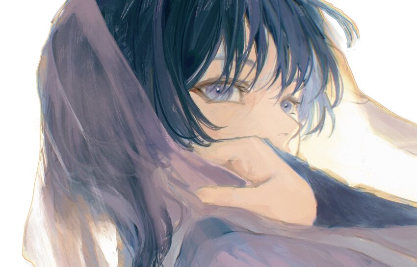 1boy armor black_hair blunt_ends bright_pupils covering_own_mouth eyelashes eyeliner eyeshadow genshin_impact hand_over_own_mouth highres holding_veil japanese_armor kote kurokote looking_at_viewer makeup male_focus mimochs pink_veil portrait purple_eyes red_eyeliner red_eyeshadow scaramouche_(genshin_impact) scaramouche_(kabukimono)_(genshin_impact) see-through_clothes see-through_veil solo traditional_media veil white_background white_pupils