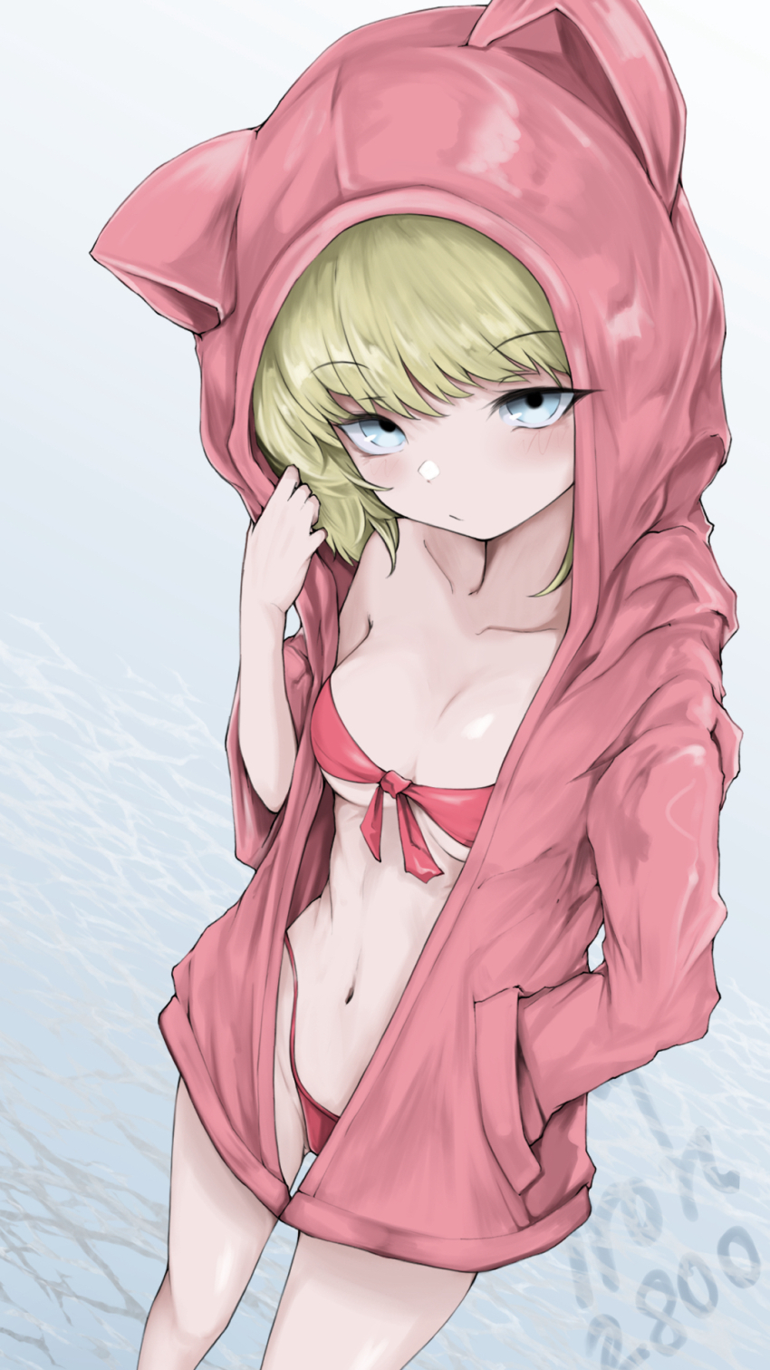 1girl alternate_costume animal_ear_hood animal_hood aqua_eyes bikini black_souls blonde_hair closed_mouth cowboy_shot fake_animal_ears hand_in_pocket hand_up highres hood hood_up hooded_jacket jacket long_sleeves looking_at_viewer navel red_bikini red_hood_(black_souls) red_jacket scrapiron2800 short_hair solo swimsuit